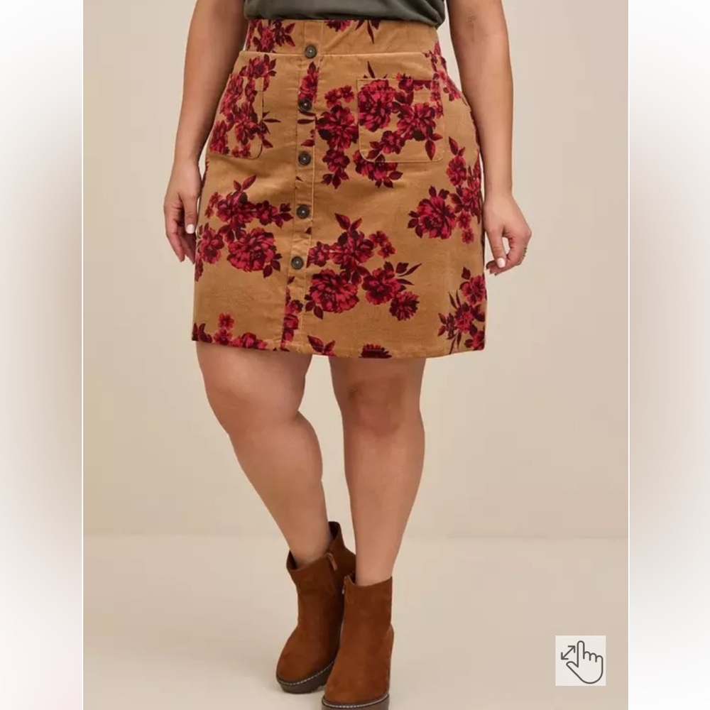 Torrid size 00x 10 M/L Mini Corduroy Button-Front Skirt Floral Brown
